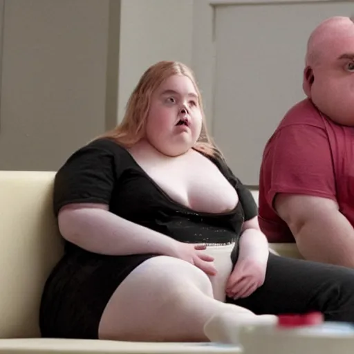 Image similar to photo of Elle fanning extremely obese, disgusting expression, sitting in her own filth, while sad obsessed fan looks on disappointed