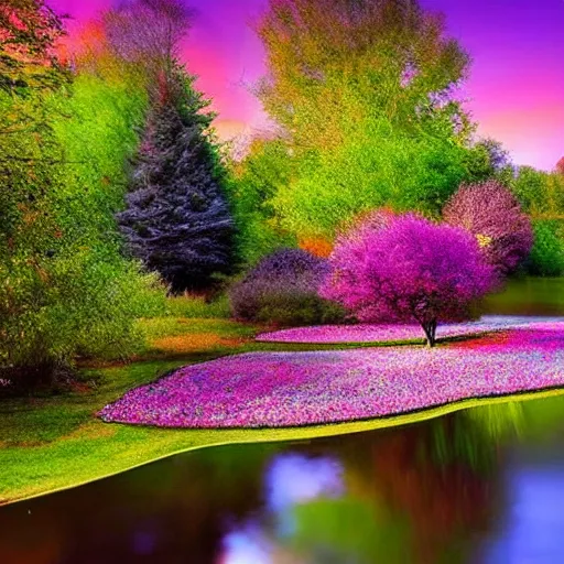 Prompt: airbrushed landscape with luminescent colorful flowering trees and glowing pond magical realism