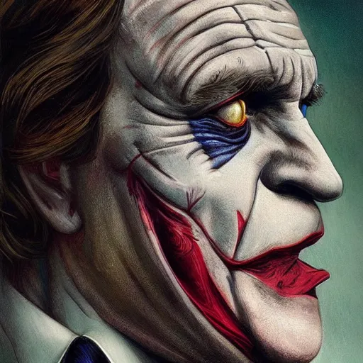 Image similar to [Gerard Depardieu as the Joker as president of France!, closeup, D&D, intricate, elegant, highly detailed, digital painting, artstation, concept art, matte, sharp focus, illustration, art by Artgerm and Greg Rutkowski and Alphonse Mucha]