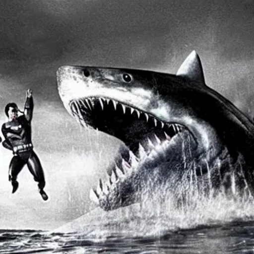 Prompt: dwayne johnson as batman fighting a shark in'jaws'( 1 9 7 5 )