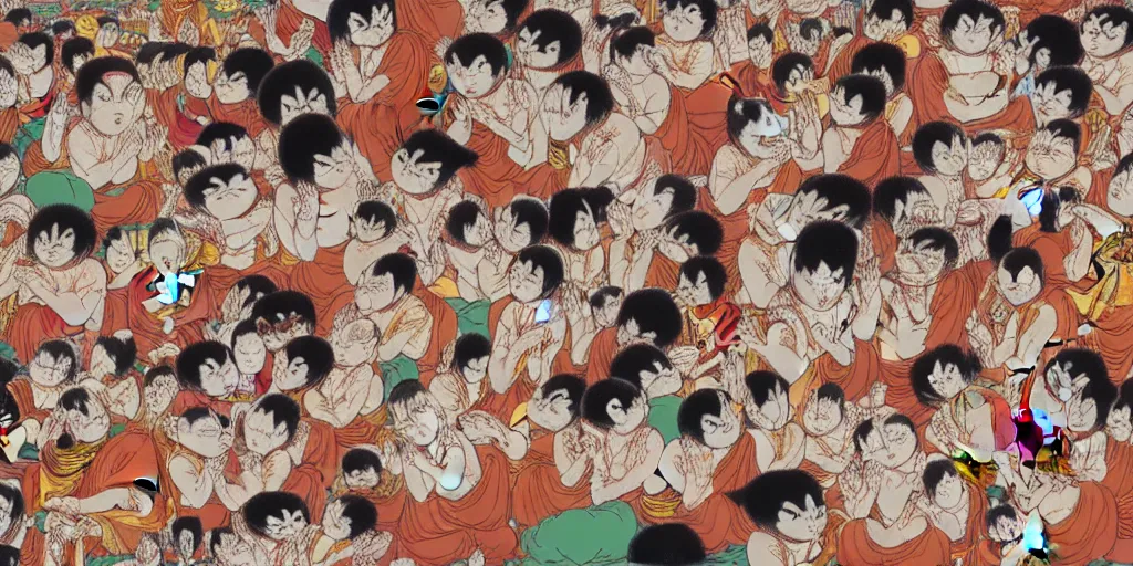 Image similar to 8 k uhd recursive image of praying buddhist cats, by katsuhiro otomo, anime, cartoon