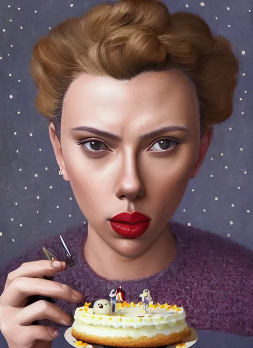 Image similar to closeup portrait of tin toy scarlett johansson eating cakes, depth of field, zeiss lens, detailed, symmetrical, centered, fashion photoshoot, by nicoletta ceccoli, mark ryden, lostfish, earl nore, hyung tae, frank frazetta, breathtaking, 8 k resolution, extremely detailed, beautiful, establishing shot, artistic, hyperrealistic, octane render