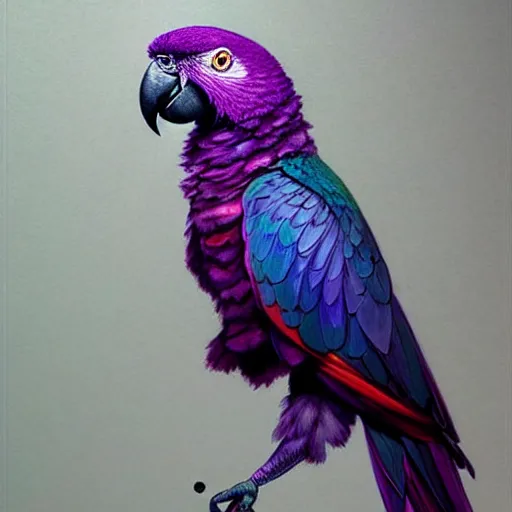 Prompt: portrait of a purple parrot, upper body, long hair, intricate, elegant, highly detailed, digital painting, artstation, concept art, matte, sharp focus, illustration, art by artgerm and greg rutkowski and alphonse mucha