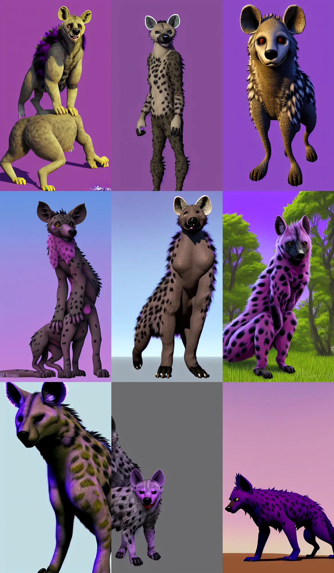 Prompt: idyllic, a full - body centered front - perspective furry male fursona portrait, a male hyena fursona, purple and black fur color scheme, idyllic setting with natural background, trending on weasyl, painted in zbrush, high - resolution, godrays, photorealistic