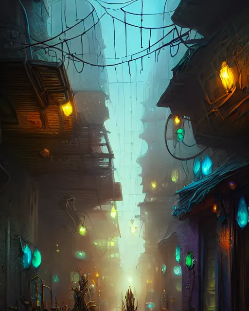 Image similar to street view of an otherworldly alley in the planescape city named sigil, crowded, beautiful digital painting in the style of wlop, volumetric lightning, intricate details, ultra realistic, by art germ, by gerard brom, steampunk, fantasypunk, deep colors, amazing d & d art, trending cgsociety, artstation, sharp