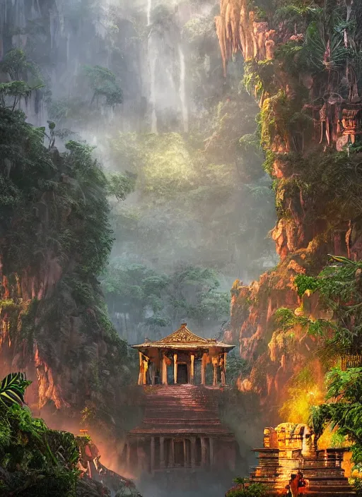 Image similar to ancient temple of doom in the exotic jungle , Dynamic lighting, cinematic, establishing shot, extremely high detail, photo realistic, cinematic lighting, , post processed denoised, concept design, concept art, artstation, matte painting, midjourney, style by alex ross, raphael lacoste, eddie mendoza