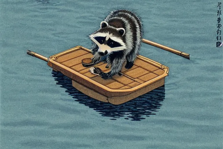 Prompt: raccoon in kimano swims floats on a boat on the waves, Hasui Kawase