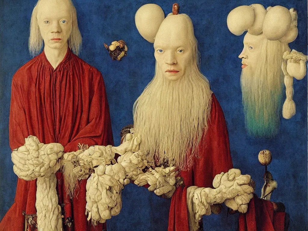 Image similar to Portrait of albino mystic with blue eyes, with beautiful exotic Blepharopsis mendica. Painting by Jan van Eyck, Audubon, Rene Magritte, Agnes Pelton, Max Ernst, Walton Ford