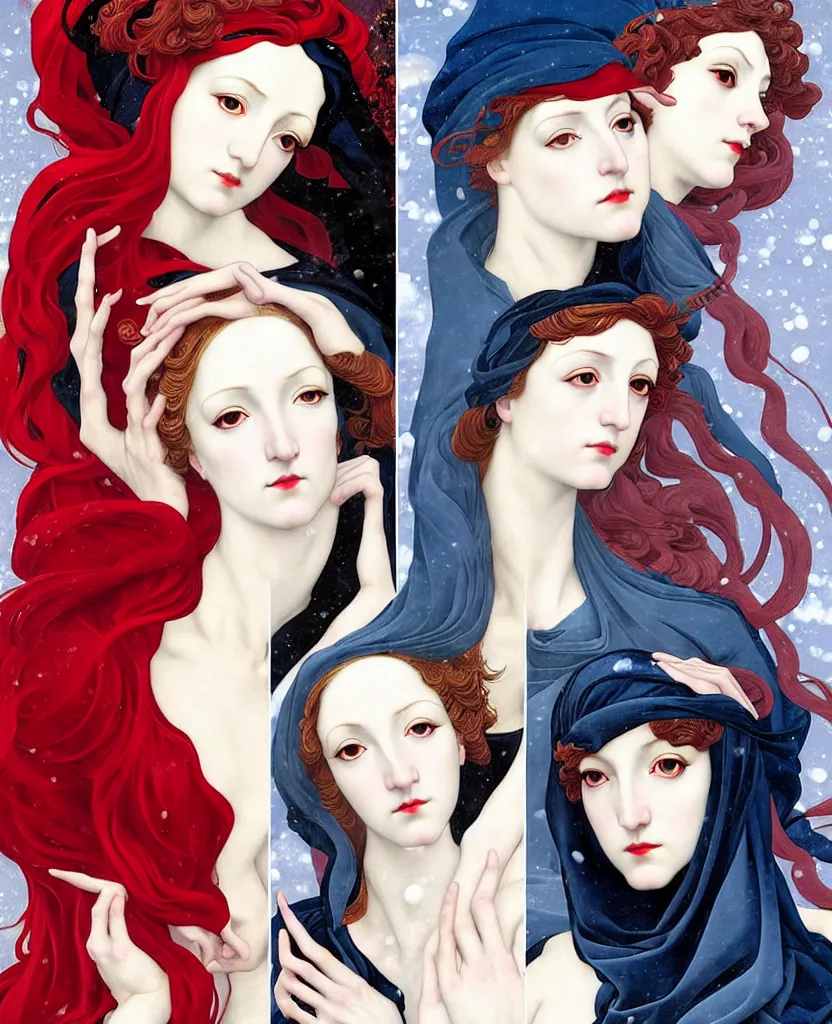 Image similar to Three (3) Winter Deities, (1 as December, 1 as January, and 1 as February), in a mixed style of Æon Flux, Shepard Fairey, Botticelli, and John Singer Sargent, inspired by pre-raphaelite paintings, shoujo manga, and cool Japanese street fashion, gradients, iridescence, chromatic aberration, hyper detailed, super fine inking lines, dramatic color, 4K extremely photorealistic, Arnold render