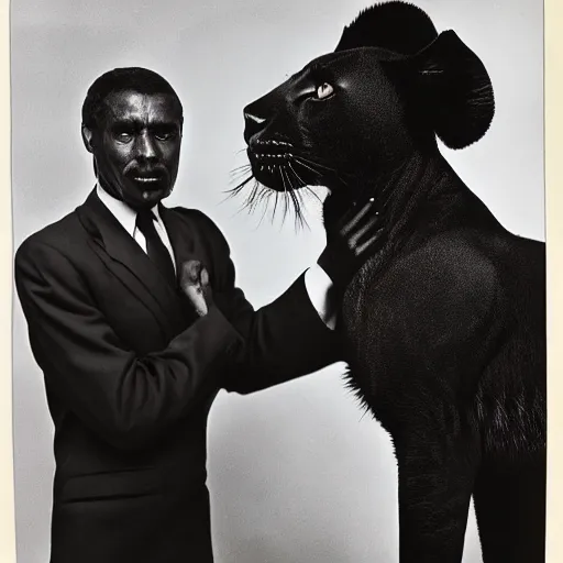 Prompt: a handsome african man and the black leopard, black and white, by richard avedon,