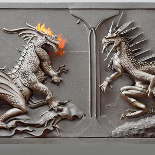 Image similar to bas relief fire-breathing dragon vs female knight with flowing hair