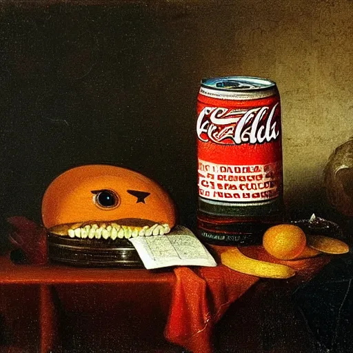 Prompt: painting of a still life with can of cola and happy meal by rembrandt