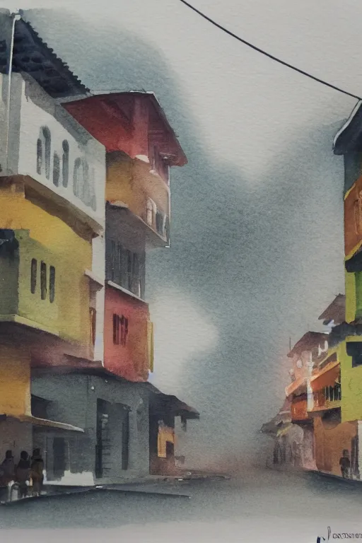 Image similar to a watercolor depicting a singapore katong, gloomy weather, high contrast, smooth, by joseph zbikowicz, 8 k