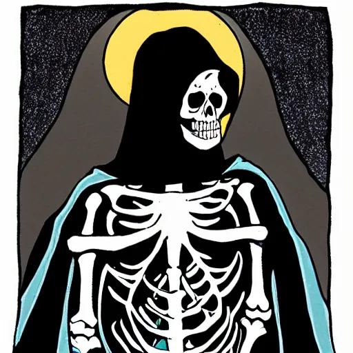 Prompt: a skeleton in black cloak by Matt Bors