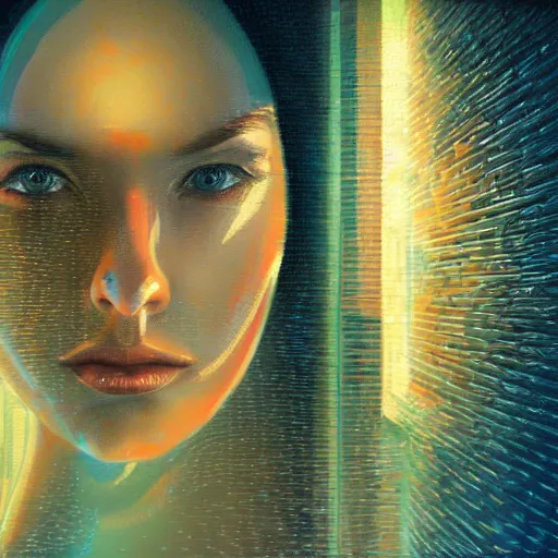 Image similar to detailed face of a woman, large hadron collider, dimensional portal, wet reflections, prism, atmospheric, ambient, pj crook, syd mead, livia prima, artgerm, greg rutkowski, nick alm, casey baugh