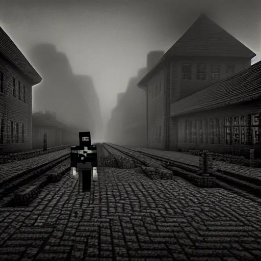 Prompt: eerie, the holocaust in minecraft , very old photo, photo from 1940s, war photograph, very authentic, very detailed, dramatic, intricate, highly detailed, digital painting, artstation, concept art, smooth, sharp focus, illustration, art by Gustave Dore, octane render