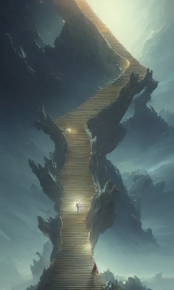 Image similar to endless stairs to universe, sky full of clouds, art by greg rutkowski and peter mohrbacher, featured in artstation, octane render, cinematic, elegant, intricate, ultra detailed, rule of thirds, professional lighting, unreal engine, fantasy, concept art, sharp focus, illustration, 8 k