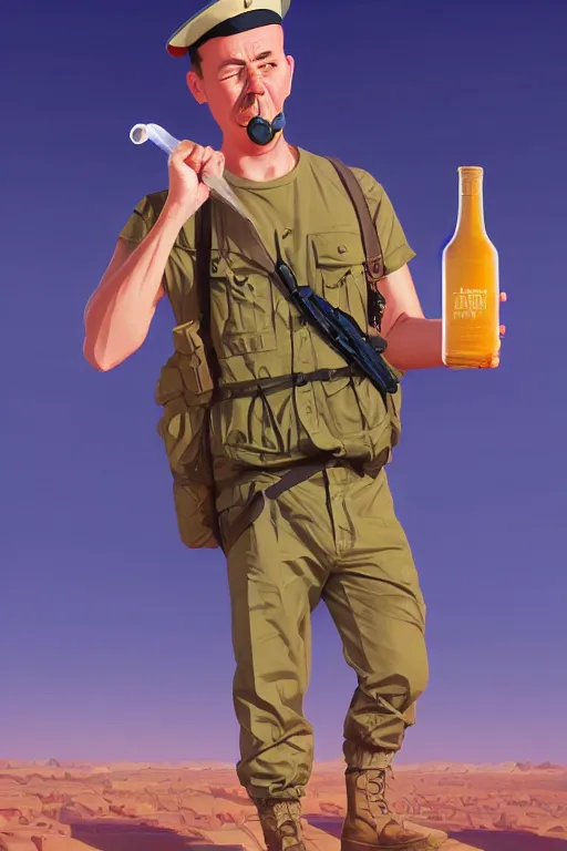 Image similar to funny drunk soldier with bottle in his hand in the desert, smooth face, centered median photoshop filter cutout vector behance hd by artgerm, jesper ejsing, by rhads, makoto shinkai and lois van baarle, ilya kuvshinov, rossdraws, illustration, art by ilya kuvshinov and gustav klimt