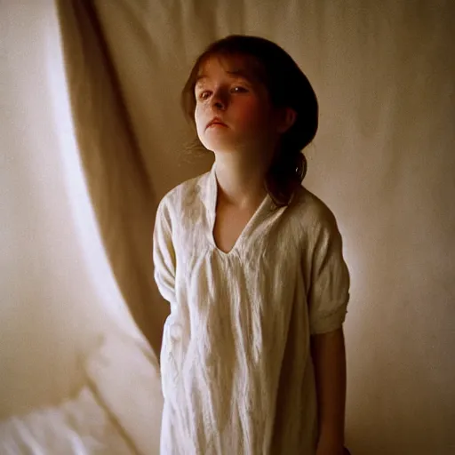 Prompt: closeup portrait of girl in linen clothing floating from the room ceiling into a bed, natural sun lighting, 8 5 mm lens by annie leibovitz