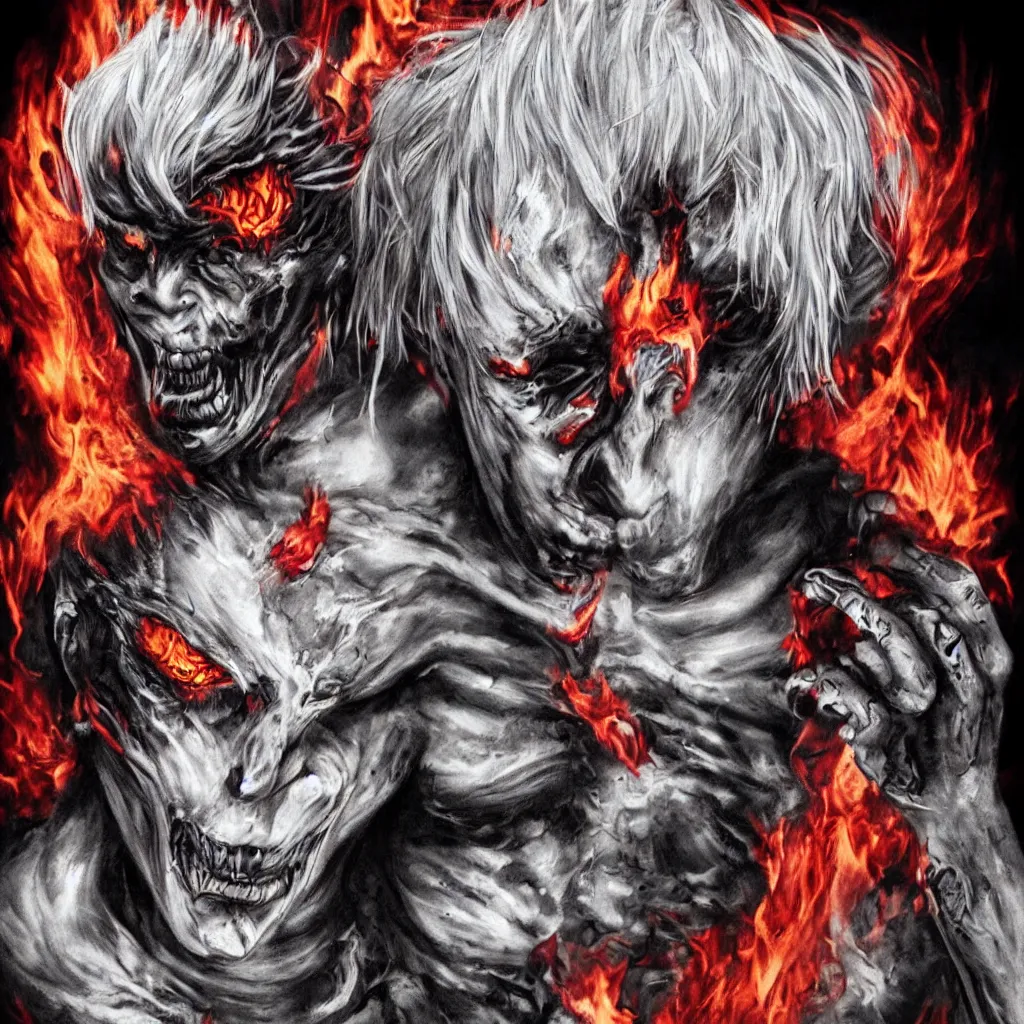 Image similar to fire demons, white hair, tattoos, black eyes, red eyes, smoke, details, high detail, fire, lots of definition, evil, dark, misery, horror style