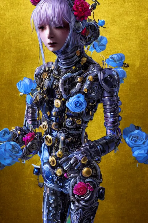 Image similar to full body head to toe portrait of a flowerpunk sci-fi cyborg ninja, third person, D&D, sci-fi fantasy, intricate, blue and gold, daisy and rose and peony, highly detailed, art by Range Murata, highly detailed, 3d, octane render, bright colors, digital painting, trending on artstation, sharp focus, illustration style of Stanley Artgerm, dramatic background