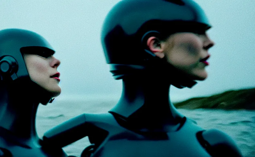 Image similar to cinestill 5 0 d candid action photographic portrait by christopher nolan of two loving female androids wearing rugged black mesh techwear in treacherous waters, extreme closeup, modern cyberpunk retrofuturism moody emotional cinematic, pouring iridescent rain, 8 k, hd, high resolution, 3 5 mm, f / 3 2, motion blur, ultra realistic faces, ex machina