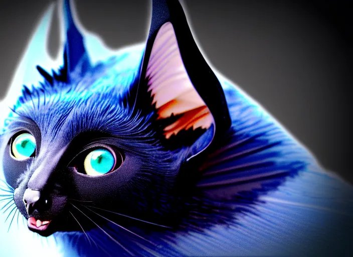 Image similar to a blue - and - black male catbat fursona with blue / green heterochromatic eyes ( differently - colored eyes, one eye green, one eye blue ) and huge bat ears, photo of the catbat streaming on his computer