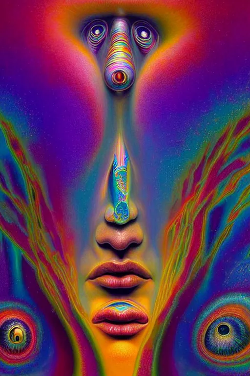 Image similar to hyperrealistic abstract close-up Renaissance psychedelic!! celestial happy! pure creature!! peaceful! kind spirit of nature! beautiful fractal!! eyes! highly detailed concept art eric zener elson peter cinematic hard rainbow lighting high angle hd 8k sharp shallow depth of field endless, inspired by Zdzisław Beksiński Salvador Dali