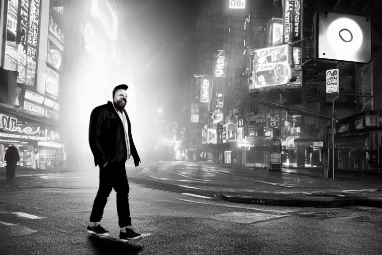 Image similar to a cinematic photograph of ricky gervais walking through a dystopian city street with a halo around his head, rain falls, neon advertisement light up the street, ultra realistic, high definition