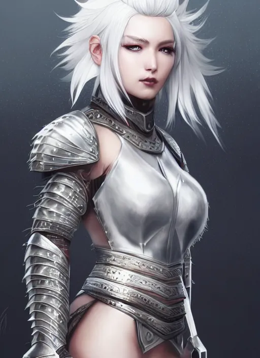 Image similar to warrior, fur leather armor!!! beautiful and elegant white hair female!! gorgeous ayes!! character concept art, sharp focus, octane render! unreal engine 5! highly rendered!! trending on artstation!! detailed linework!! illustration by artgerm, wlop, and chie yoshii