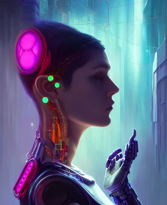 Image similar to a whirlwind inside the metaverse, male, hologram, half body, neurochip, shaved temple, piercing, jewelry, android, cyborg, cyberpunk face, by loish, d & d, fantasy, intricate, elegant, highly detailed, colorful, digital painting, artstation, concept art, art by artgerm and greg rutkowski and alphonse mucha