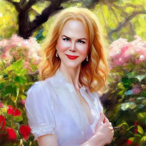 Image similar to closeup portrait of nicole kidman in the garden, morning, highly detailed, ultrarealistic oil painting, vladimir volegov, artstation