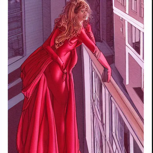 Prompt: a beautiful artwork of a woman in red dress sitting on the balcony of a hotel at night, top view, by Jerome Opeña, featured on artstation