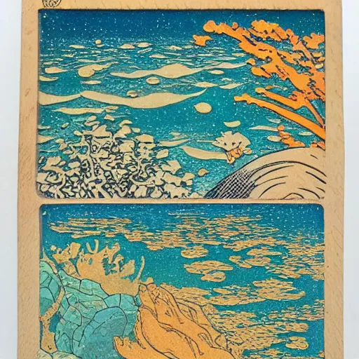 Prompt: detailed ivan bilibin and ilya kuvshinov and katsuhiro otomo inspired woodblock of ocean tidepools.