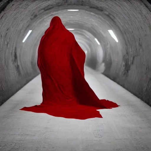 Image similar to a figure covered by red cloth that's blowing in the wind standing in a creepy tunnel with atmospheric light, digital art, concept art, cloth simulation with houdini, octane, redshift, 8 k