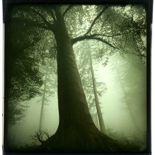 Image similar to impossibly large tree in a forest clearing reaching into the fog, night, old polaroid, expired film, megalophobia,