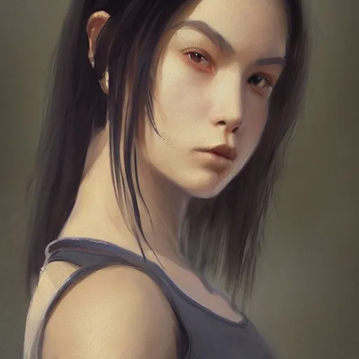 Image similar to portrait of a girl by greg rutkowski, she is about 2 0 years old, mixture between russian and japanese, prettt, black bob hair with two strands around her face, wearing a tank top, highly detailed portrait, digital painting, artstation, concept art, smooth, sharp foccus ilustration, artstation hq