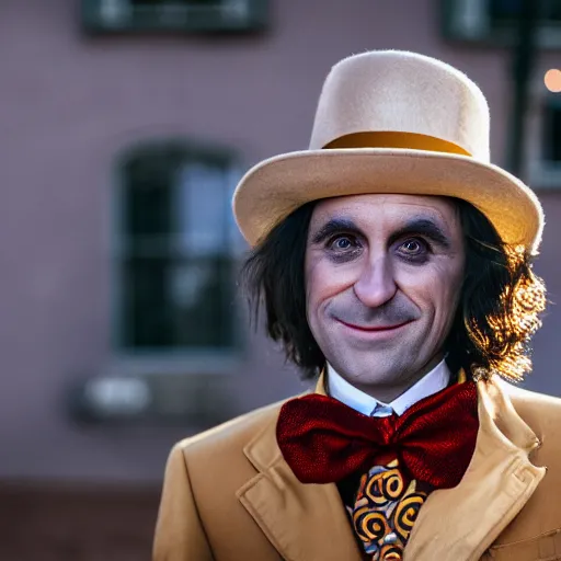 Image similar to Willy Wonka portrait, golden hour, EOS-1D, f/1.4, ISO 200, 1/160s, 8K, RAW, unedited, symmetrical balance, in-frame