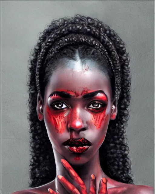 Image similar to beautiful ancient african demonic vampire girl, portrait, hyperrealistic, bloodstained