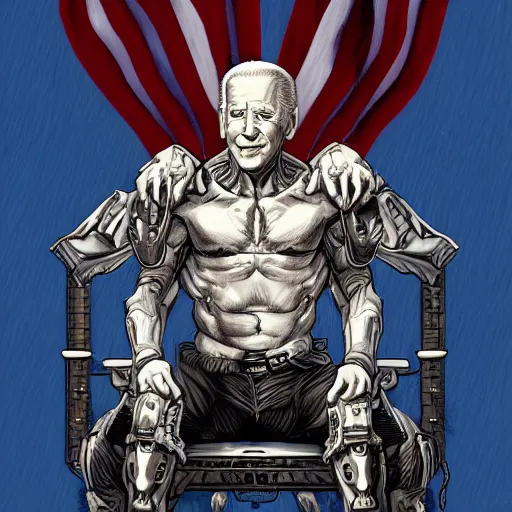 Image similar to Joe Biden sitting on a throne of skulls, digital painting, trending on artstation