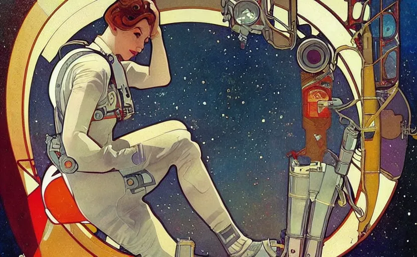 Image similar to insane detail textured art deco painting of astronaut full body, beautiful painting by mucha and kuvshinov