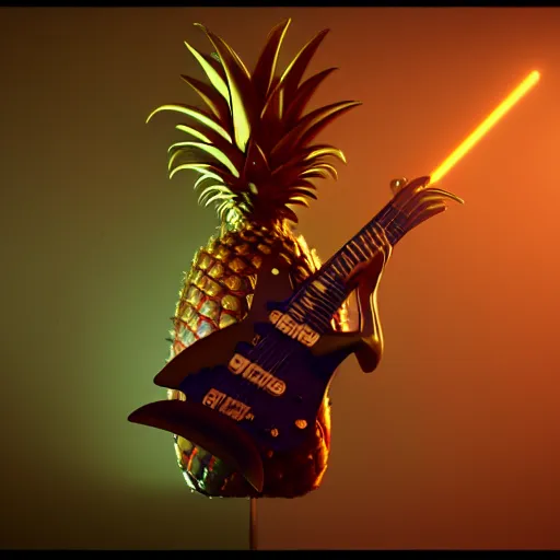 Prompt: a steampunk pineapple, playing electric guitar at a night club, focus on the pineapple, cinematic lighting, exaggerated detailed, unreal engine, octane render, trending on artstation, art by greg rutkowski, 4 k