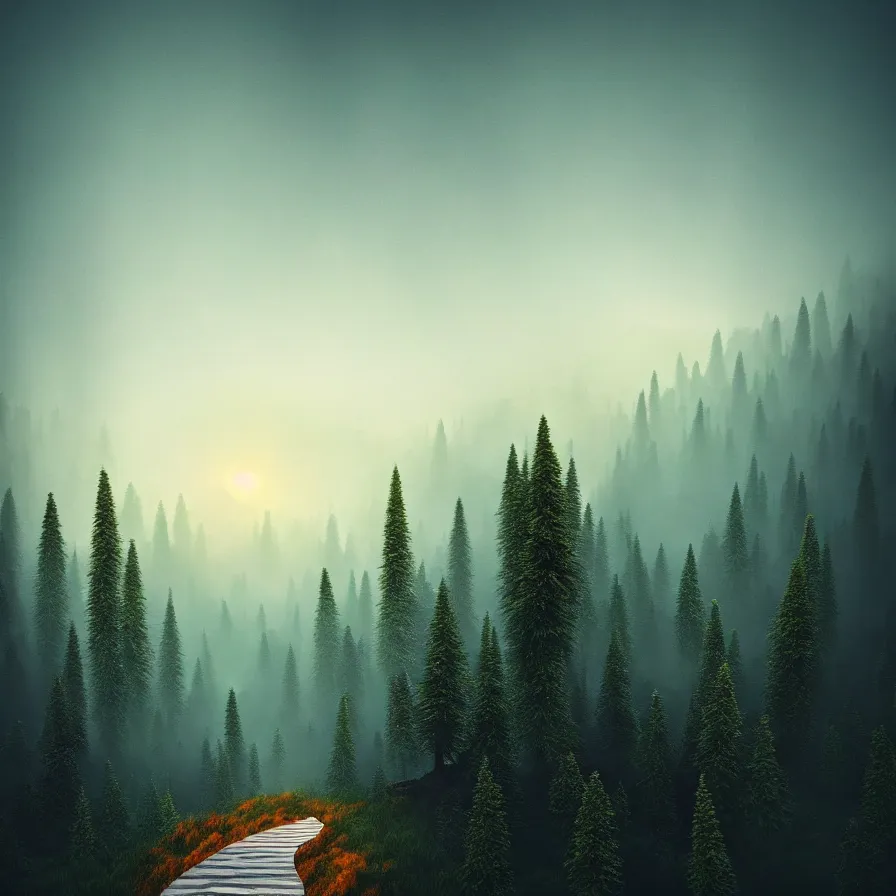 Prompt: fantastic abstract artwork of one natural path leading to the horizon through supernatural pines down skyhigh rocky mountains towards a majestic sunset over the ocean. atmospheric foggy landscape, appeasing tones, psychedelic, ultra realistic, concept art, modern art, photorealistic, octane render.