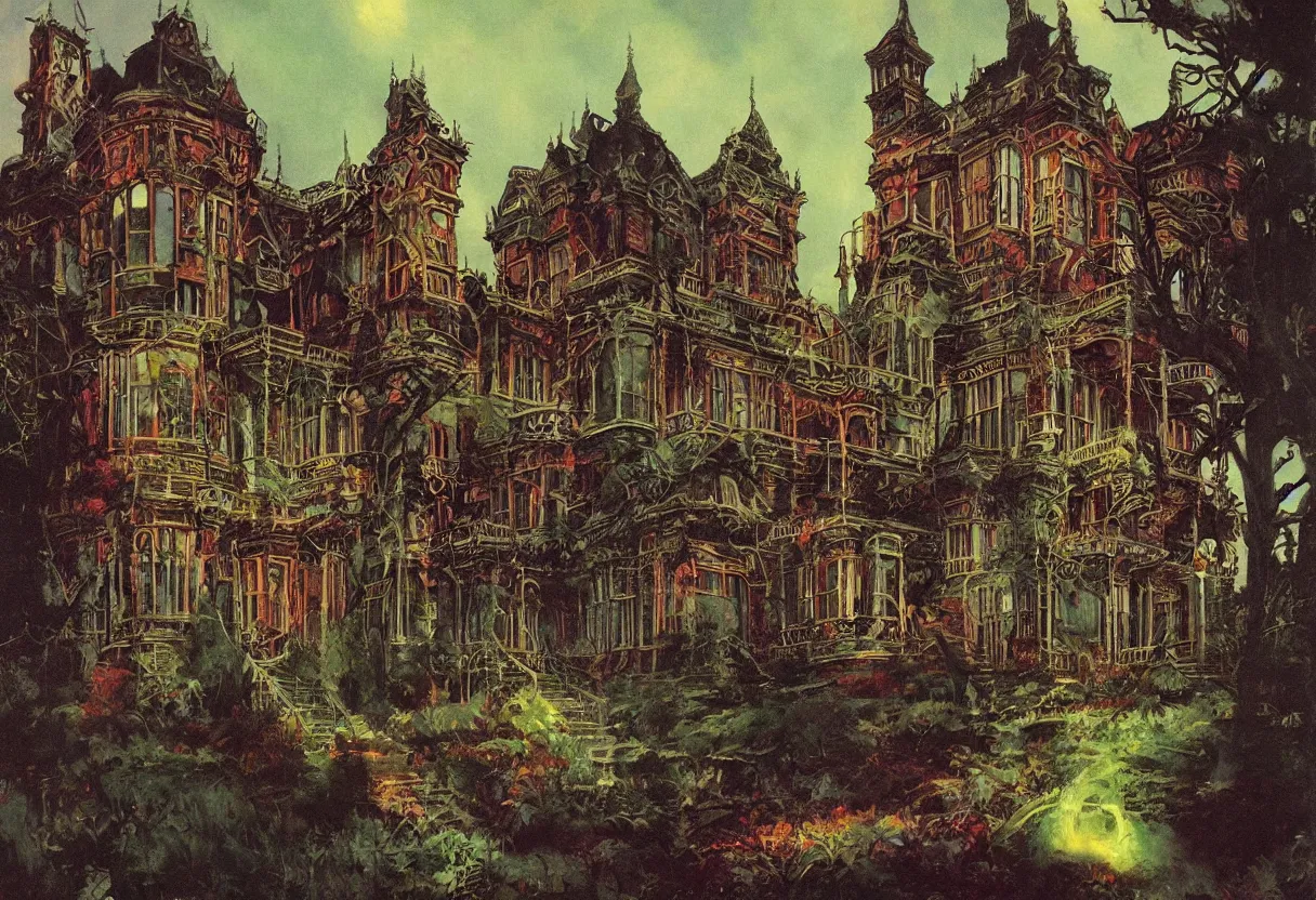 Prompt: ominous victorian mansion, colorfully background, by rutkowsky and gerald brom and frazetta and rembrandt