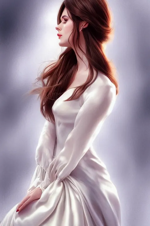 Image similar to Portait of a very very attractive woman with large brown hair in silk white dress, smirking face, femme fatale vibes, intricate, elegant, fantasy, smooth, art by artgerm