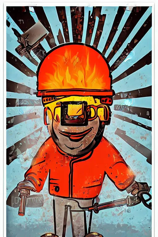 Image similar to worker burn factory with oculus through his head, poster propaganda art style, higly detailed
