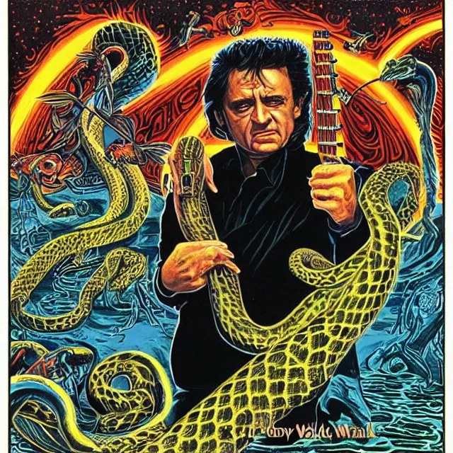 Prompt: album cover for Johnny Cash: The Snake Oil Tapes, album art by Ron Walotsky, snake oil album, snakes, no text