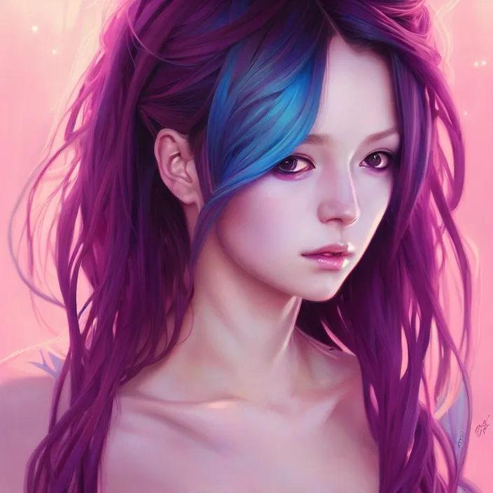 Image similar to portrait of beautiful symmetrical anime girl, rainbow hair, attractive, casual, modern, victoria's secret, highly detailed, digital painting, artstation, concept art, smooth, sharp focus, illustration, art by artgerm, greg rutkowski and alphonse mucha, 8 k,