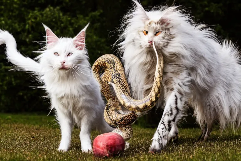 Prompt: White Maine Coon vs Hog-nosed Snake, highly detailed, photograph, 4k