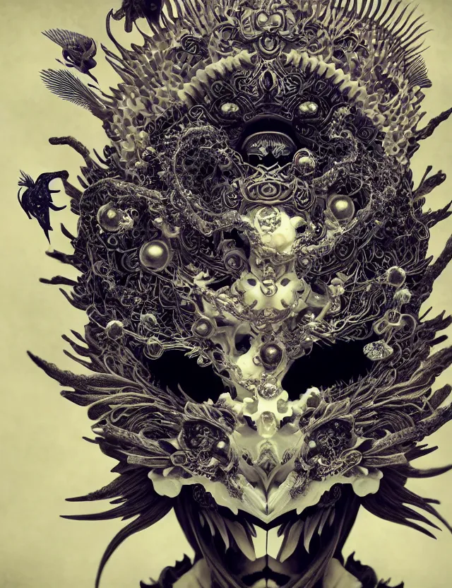 Prompt: goddess macro close - up portrait wigh crown made of ram skull. beautiful intricately detailed japanese crow kitsune mask and clasical japanese kimono. betta fish, jellyfish phoenix, bioluminiscent, plasma, ice, water, wind, creature, super intricate ornaments artwork by tooth wu and wlop and beeple and greg rutkowski